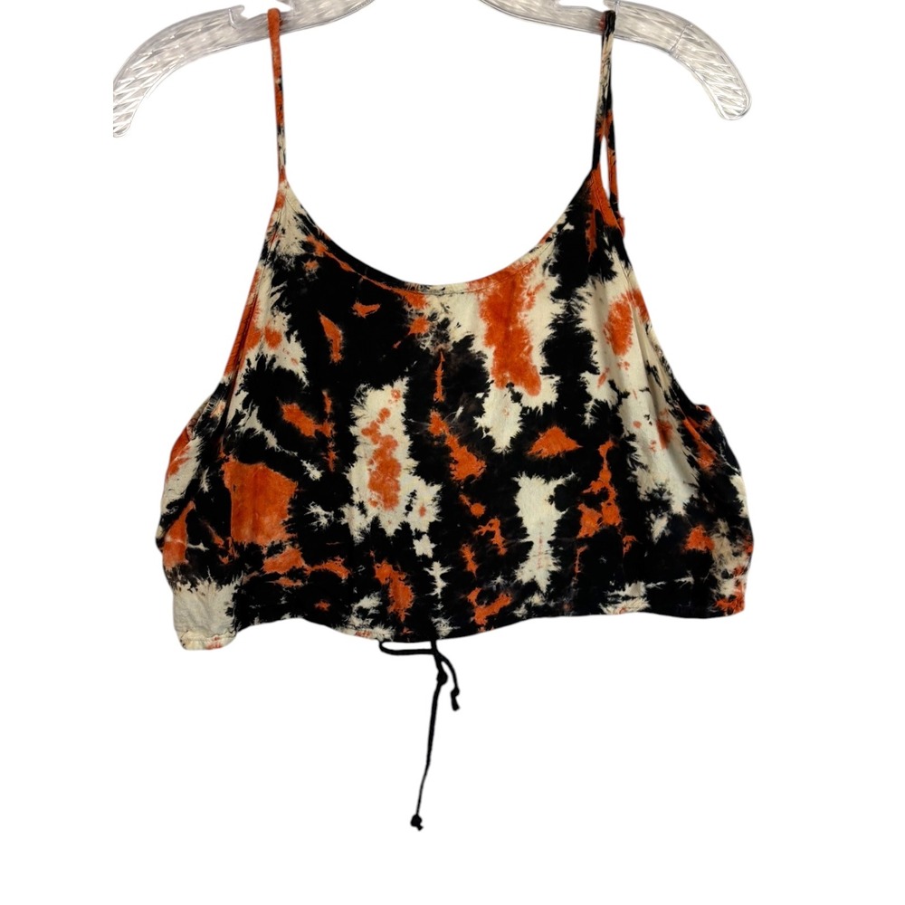 Earthbound Trading Co Crop Top Womens Large Orange Black Tie Dye Lace Up Back
